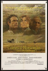 4c184 COMES A HORSEMAN 1sh '78 cool art of James Caan, Jane Fonda & Jason Robards in the sky!
