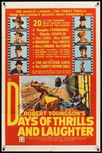 4c228 DAYS OF THRILLS & LAUGHTER 1sh '61 Charlie Chaplin, Laurel & Hardy, cool train chase art!