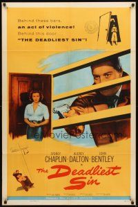 4c232 DEADLIEST SIN 1sh '56 Sydney Chaplin behind bars points gun at pretty Audrey Dalton!