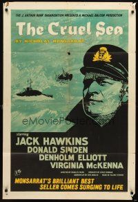 4c214 CRUEL SEA English 1sh '53 cool art of ship captain Jack Hawkins with ships at sea!