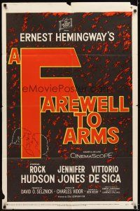 4c295 FAREWELL TO ARMS 1sh '58 Rock Hudson kissing Jennifer Jones, Ernest Hemingway!