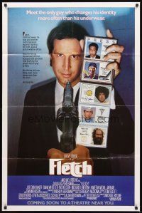 4c319 FLETCH advance 1sh '85 Michael Ritchie, wacky detective Chevy Chase has gun pulled on him!