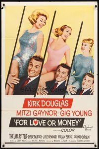 4c328 FOR LOVE OR MONEY 1sh '63 Kirk Douglas carries sexy Mitzi Gaynor, Thelma Ritter!