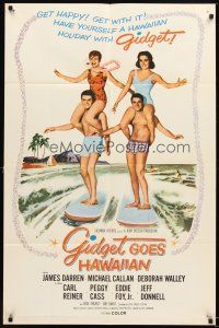 4c364 GIDGET GOES HAWAIIAN 1sh '61 best image of two guys surfing with girls on their shoulders!