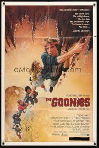 4c383 GOONIES 1sh '85 Josh Brolin, teen adventure classic, cool treasure map style!