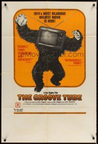 4c391 GROOVE TUBE 1sh '74 Chevy Chase, like TV's SNL, wild image of gorilla with television head!
