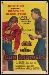 4c394 GUN BROTHERS 1sh '56 Buster Crabbe is shot by brother Neville Brand at close range!