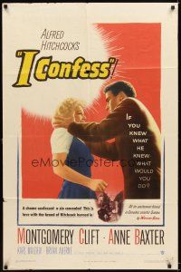 4c460 I CONFESS 1sh '53 Alfred Hitchcock, art of Montgomery Clift shaking Anne Baxter!