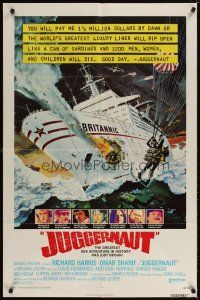 4c502 JUGGERNAUT 1sh '74 Richard Harris, art of ocean liner under attack by Bob McCall!