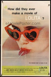 4c565 LOLITA 1sh '62 Stanley Kubrick, sexy Sue Lyon with heart sunglasses & lollipop!