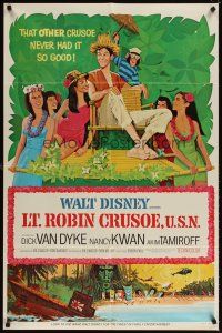 4c582 LT. ROBIN CRUSOE, U.S.N. style A 1sh '66 Disney, cool art of Dick Van Dyke with island babes!