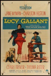 4c584 LUCY GALLANT 1sh '55 full-length image of sexy Jane Wyman walking dog, plus Charlton Heston!