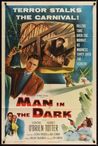 4c599 MAN IN THE DARK 1sh '53 really cool art of men fighting on rollercoaster!