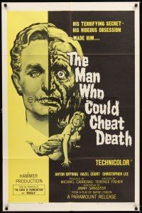 4c605 MAN WHO COULD CHEAT DEATH 1sh '59 Hammer horror, cool half-alive & half-dead headshot art!
