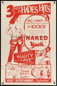 4c650 NAKED YOUTH/BEAUTY & THE CAVE/PRIVATE SEXY-TARY 1sh '60s triple bill, 3 hot as Hades hits!