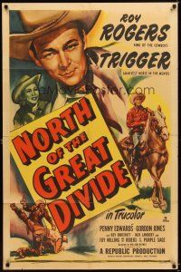 4c666 NORTH OF THE GREAT DIVIDE 1sh '50 great art of cowboy Roy Rogers + riding on Trigger!