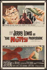 4c667 NUTTY PROFESSOR 1sh '63 wacky Jerry Lewis directs & stars w/pretty Stella Stevens!