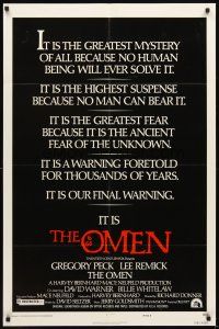 4c673 OMEN style E 1sh '76 Gregory Peck, Lee Remick, it is our final warning!