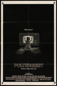 4c708 POLTERGEIST style B 1sh '82 Tobe Hooper, classic, they're here, Heather O'Rourke by TV!