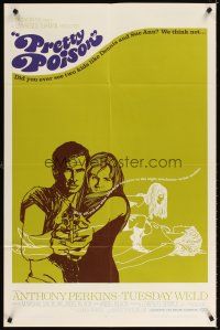 4c715 PRETTY POISON 1sh '68 cool artwork of psycho Anthony Perkins & crazy Tuesday Weld!