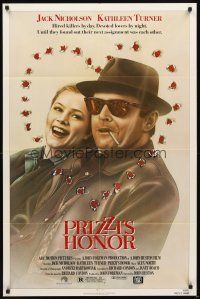 4c719 PRIZZI'S HONOR 1sh '85 cool art of smoking Jack Nicholson & Kathleen Turner w/bullet holes!