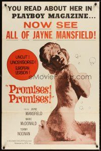 4c720 PROMISES PROMISES 1sh '63 sexy image of nude Jayne Mansfield covered only with bubbles!