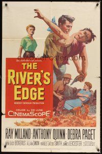 4c752 RIVER'S EDGE 1sh '57 Ray Milland & Anthony Quinn fighting on cliff, Debra Paget