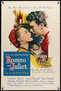 4c756 ROMEO & JULIET 1sh '55 close up of Laurence Harvey romancing Susan Shentall, Shakespeare!