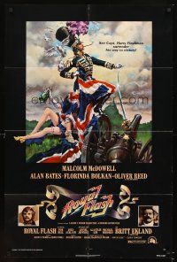 4c761 ROYAL FLASH 1sh '75 great art of uniformed Malcolm McDowell & sexy babe draped in flag!