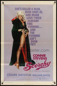 4c779 SCORCHY 1sh '76 full-length art of sexiest barely-dressed Connie Stevens in black cape!