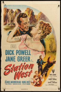 4c839 STATION WEST style A 1sh '48 cowboy Dick Powell loves Jane Greer; Burl Ives with guitar!