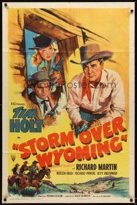 4c843 STORM OVER WYOMING style A 1sh '50 cool art of cowboy Tim Holt, Richard Martin & Noreen Nash!