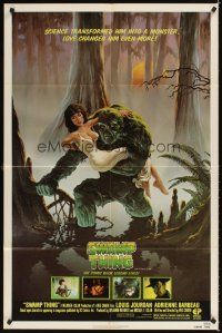 4c856 SWAMP THING 1sh '82 Wes Craven, Richard Hescox art of him holding sexy Adrienne Barbeau!
