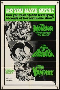 4c934 DO YOU HAVE GUTS 1sh '71 monster & vampire triple-bill, 15,000 terrifying seconds of horror!