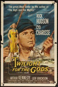 4c942 TWILIGHT FOR THE GODS 1sh '58 great artwork of Rock Hudson & sexy Cyd Charisse on beach!