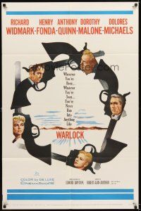 4c962 WARLOCK 1sh '59 cowboys Henry Fonda & Richard Widmark, cool revolver design!