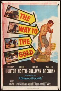 4c965 WAY TO THE GOLD 1sh '57 great romantic art of barechested Jeffrey Hunter & Sheree North!