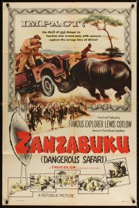 4c998 ZANZABUKU 1sh '56 Dangerous Safari in savage Africa, art of rhino ramming jeep!