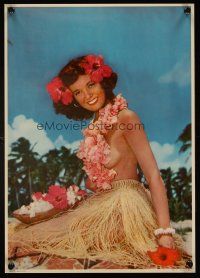 4j782 SUNKISSED commercial poster '50s cool image of nearly topless woman in lei!