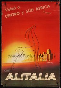 4j392 ALITALIA VOLAD A CENTRO Y SUD AFRICA Italian travel poster '56 cool art of gazelle & skyline