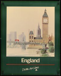 4j304 DELTA AIR LINES ENGLAND travel poster '86 Brett art of Big Ben & double-decker bus!