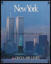 4j308 DELTA AIR LINES NEW YORK travel poster '70s Statue of Liberty & World Trade Center towers!