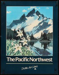 4j309 DELTA AIR LINES PACIFIC NORTHWEST travel poster '70s Ted Rand art of mountains & lake!