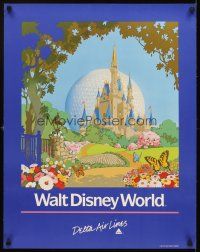 4j312 DELTA AIR LINES WALT DISNEY WORLD travel poster '87 art of Cinderella's Castle & Epcot!