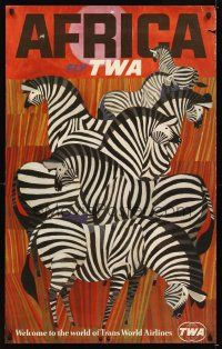 4j252 FLY TWA AFRICA travel poster '60s cool David Klein artwork of Zebras!