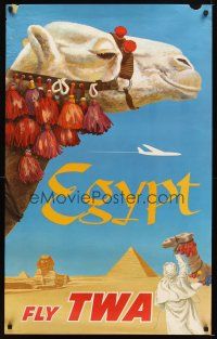 4j253 FLY TWA EGYPT travel poster '60s David Klein art of camel & pyramids!