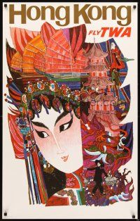 4j254 FLY TWA HONG KONG travel poster '60s Klein artwork of pretty Asian woman & characters!