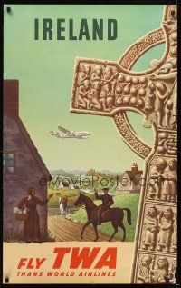 4j255 FLY TWA IRELAND travel poster '50s Greco art of countryside & Constellation flying over!