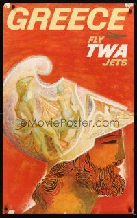 4j257 FLY TWA JETS GREECE travel poster '60s cool art of ancient Greek soldier by David Klein!