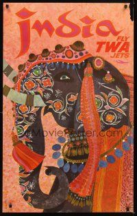 4j259 FLY TWA JETS INDIA travel poster '60s wonderful David Klein artwork of elephant!